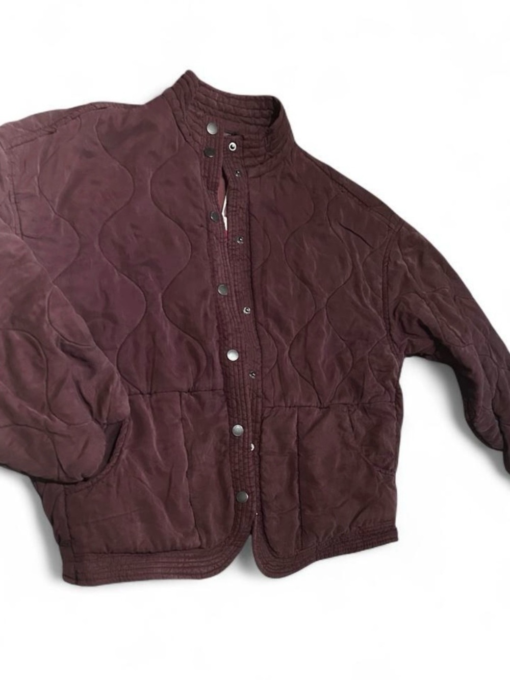 Women Quilted Maroon Jacket - Classic Snap-Front Coat
